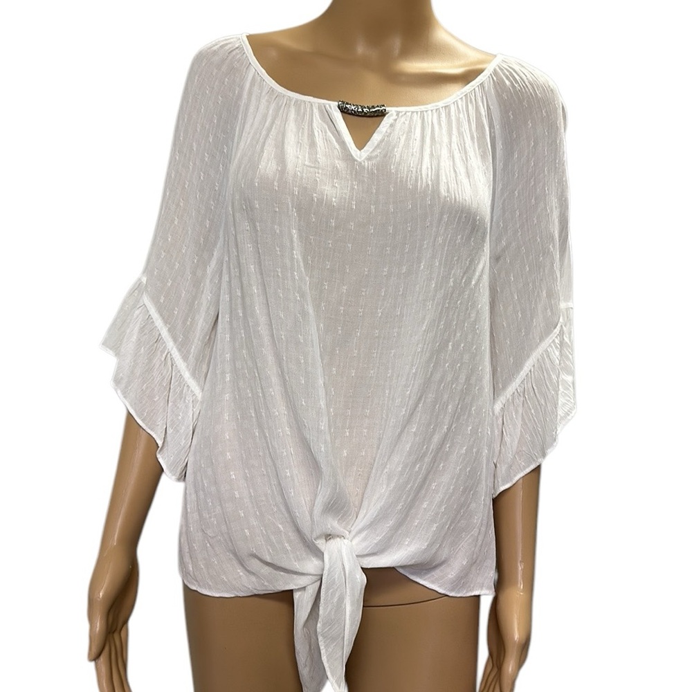 In Studio White Tie Front Ruffle Sleeve Silver Accent Flowing Blouse Petite L